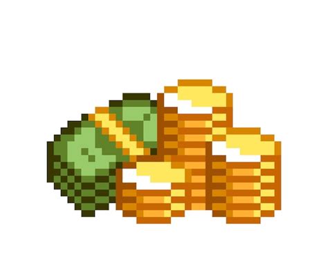 Pixel art contant geld en stapel munten Pixel gouden munten stapel ...