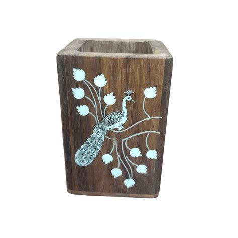 4" Handmade Wooden Inlaid Peacock Design Pen Stand/Holder(Assorted Des ...