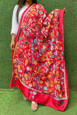 Stunning Red Hand Embroidered Kantha Bangalore Silk Dupatta