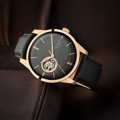 Buy Online Titan Automatic Open Heart Black Dial Black Leather Strap ...
