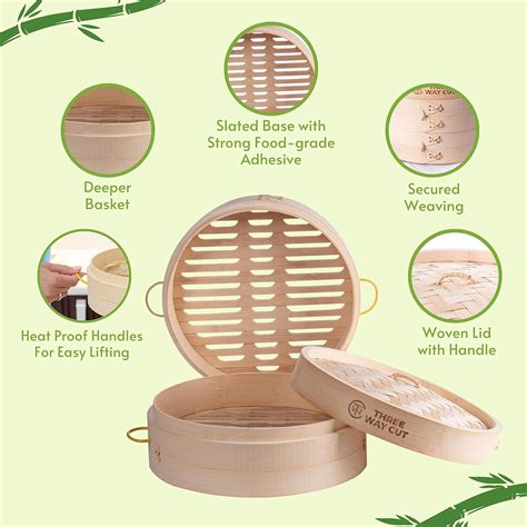 Buy Bamboo Steamer 10 Inch 2 Tier Wooden Basket With Handle, Ring ...