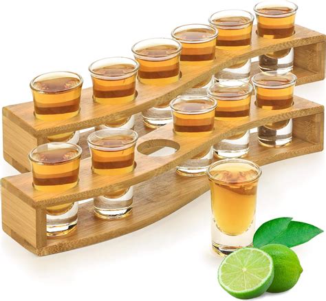 Amazon.com | Lily's Home Bamboo Shot Glass Holder Set with 6 Crystal ...