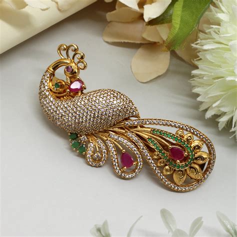 Gold Tone AD Grand Peacock Bridal Hair Clip - French Barrette Hair Cli