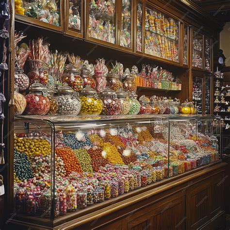 A vintage candy shop counter with an array of hard candies and classic ...