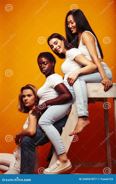 Diverse Multi Nation Girls Group, Teenage Friends Company Cheerful ...