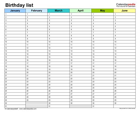 Birthday Lists - Free Printable Microsoft Excel templates