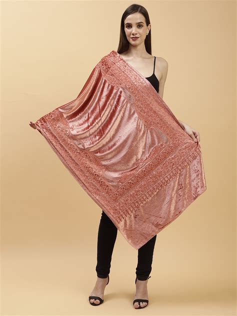 Buy Peach Embroidered Velvet Stole | Moda Chales