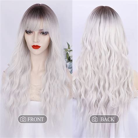 Ombre White Wig Long Wavy Wigs with Bangs for Women Wig Long Platinum ...