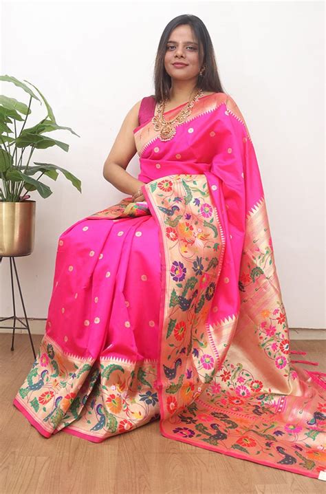Pink Paithani Silk Flower And Bird Design Saree - Luxurionworld