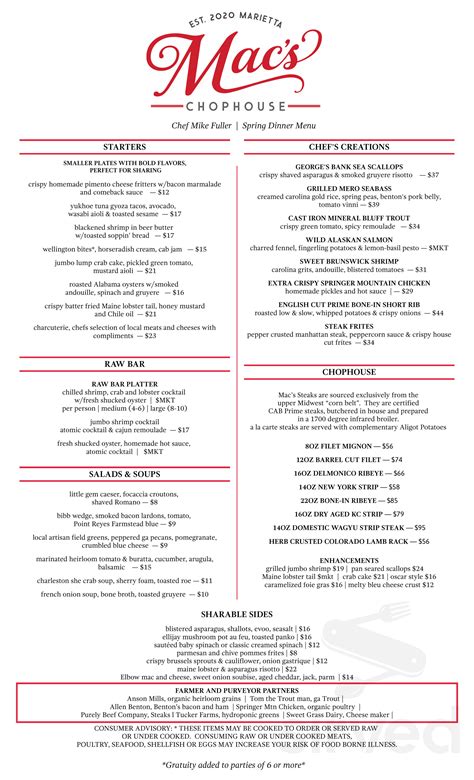 Mac's Chop House menu in Marietta, Georgia, USA