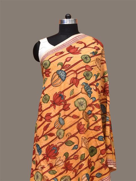 Yellow Kalamkari Hand Painted Cotton Handloom Dupatta with Lotus Desig ...