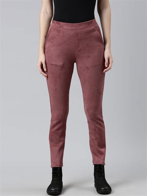 Buy Women's Solid Light Wine Mid-Rise Suede Treggings Online | Go ...