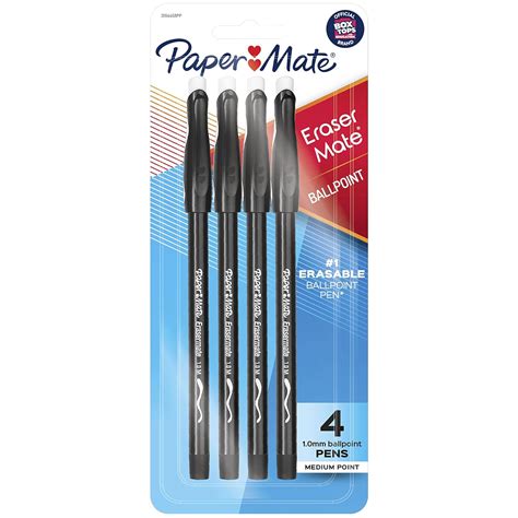 Paper Mate Erasermate Stick Medium Tip Ballpoint Pen, 4 Black Ink Pens ...