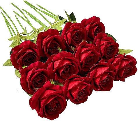 Ukeler 12 Pcs Artificial Rose Flowers Blossom Red Rose Flowers Real ...