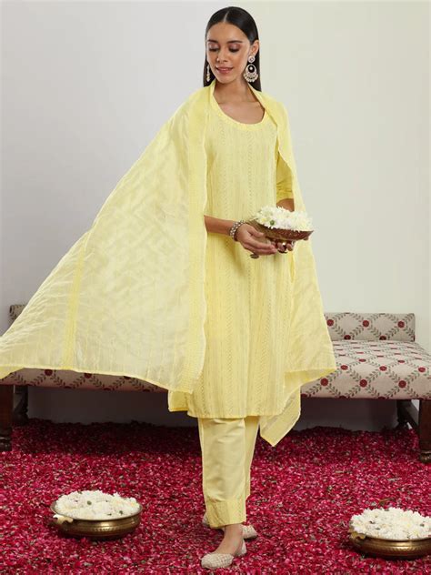 Buy Yellow Self Design Silk Blend Straight Suit With Dupatta Online at ...
