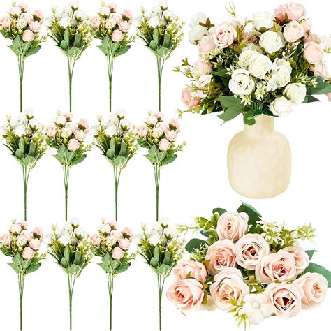 Amazon.com: Tigeen 12 Bundles Silk Rose Artificial Flowers Faux Rose ...