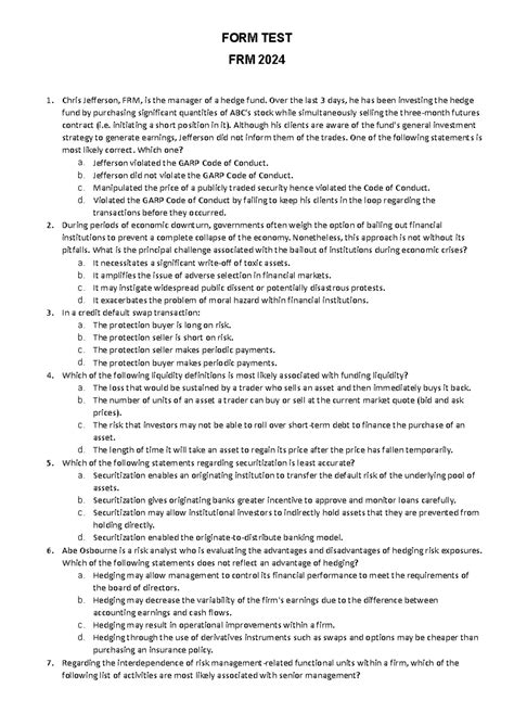 FORM TEST FRM 2024 - Practice Questions on Risk Management Concepts ...