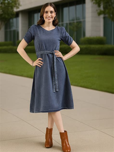 Buy DressBerry Blue Puff Sleeve V Neck Denim A Line Dress - Dresses for ...
