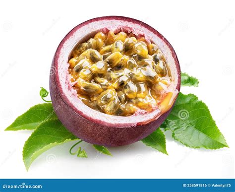 Dark Purple Passion Fruit Half with Seedy Interior Laying on Green ...