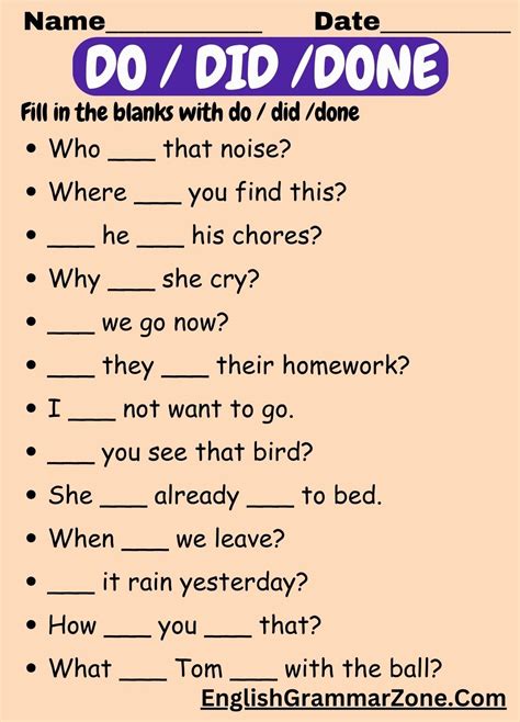 Do Did Done Worksheet Exercise | Complete The Sentences - Using Do ...