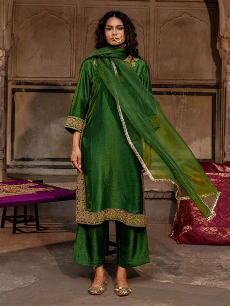 Green Dori Embroidered Raw Silk Kurta with Salwar- Set of 2