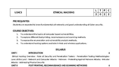 U24CS Ethical Hacking Syllabus: Course Overview & Objectives - Studocu