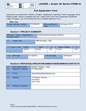Fillable Online LEADER Arwain Sir Benfro FORM 4a Full Application Form ...