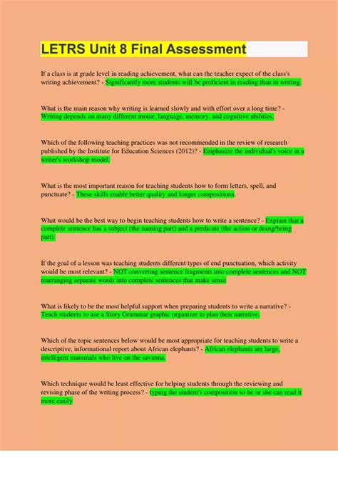 LETRS Unit 8 Final Assessment - LETRS Unit 8 - Stuvia US