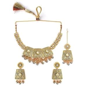 Rubans 22K Gold-Plated Kundan Studded Floral & Pearl Beaded Necklace ...