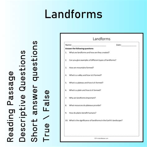 Landforms | Reading Comprehension Passage Printable Worksheet ...
