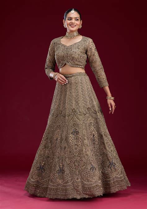 Buy Mehendi Zariwork Net Semi Stitched Lehenga - Koskii