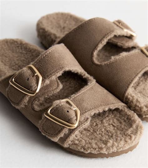 Brown Borg Buckled Double Strap Slider Slippers | New Look
