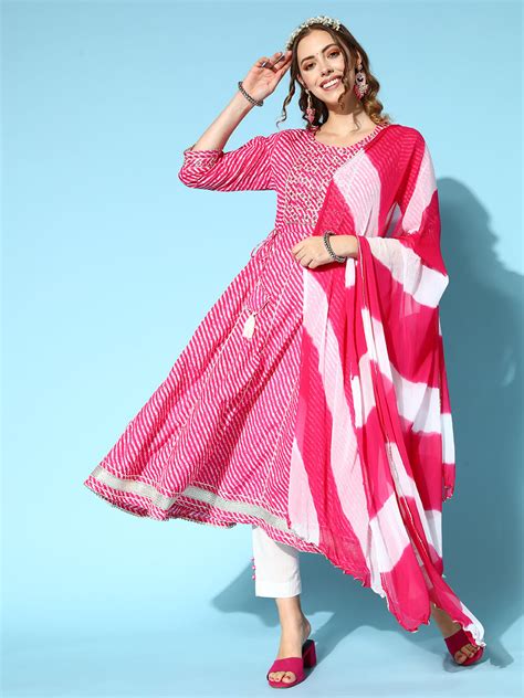 Buy Ishin Women's Pink & White Embroidered Anarkali Kurta with Trouser ...