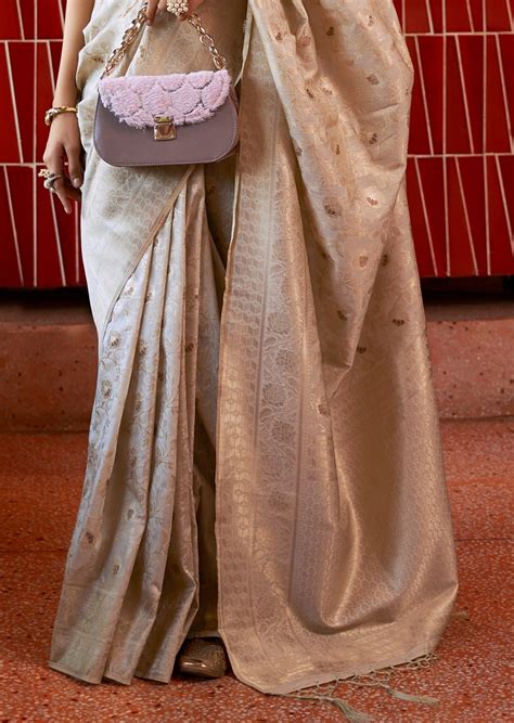 Shop Handloom Raw Silk Off White Banarasi Saree Online India Sale – Sunasa