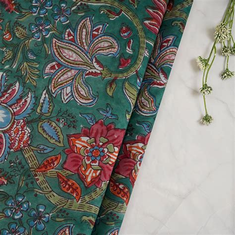 Buy Frosty Spruce Floral Pattern Hand Block Printed Cotton Mulmul ...
