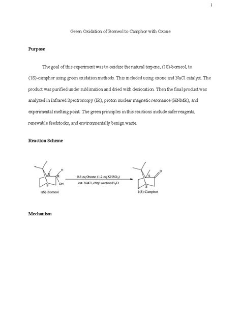 Green Oxidation of Borneol to Camphor with Oxone Lab Report - Green Oxidation of Borneol to ...