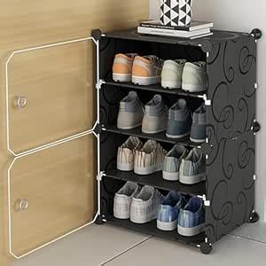 KRISHYAM Plastic Portable Shoe Rack Organizer (4 Shelves-2 Door (Black ...