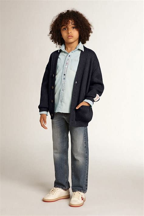 Dark blue cotton cardigan with logo on the back | Golden Goose