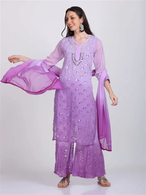 Purple Mirror Work Chikankari Handmade Kurti Set – Elegant Ethnic Wear