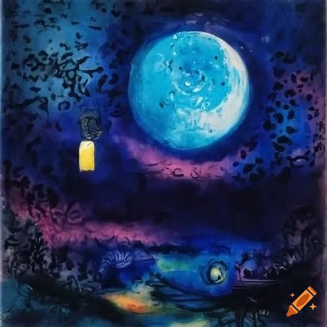 Traditional painting with night moon and fireflies on Craiyon
