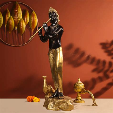Buy 29" Black Coloured Brass Krishna Idol Fluting In Standing – Ethnic ...