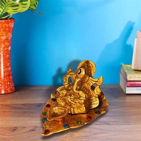Small Metal Sitting Golden Ganesh Idol for Diwali Decoration