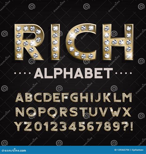 Rich Alphabet Font. Gold Letters and Numbers with Diamonds Stock Vector ...