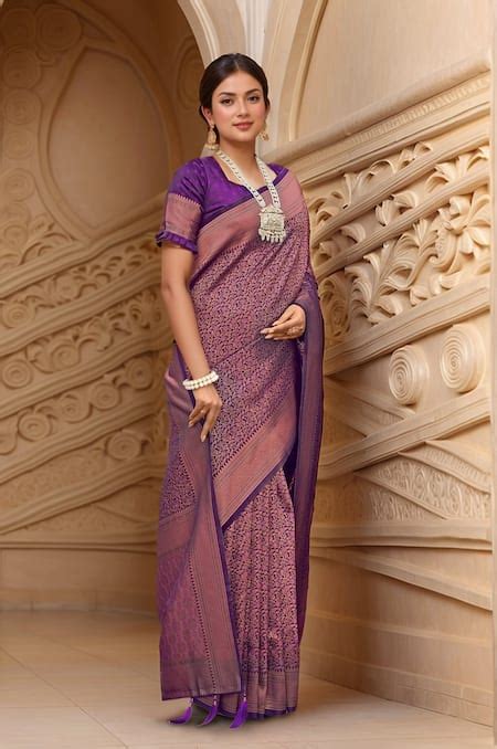 Buy Purple Banarasi Silk Woven Floral Vine Queen Anne Saree With Blouse ...