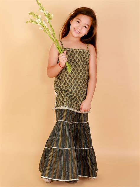 Lil Drama girls stylish jaipur print kurta with sharara set- Green ...