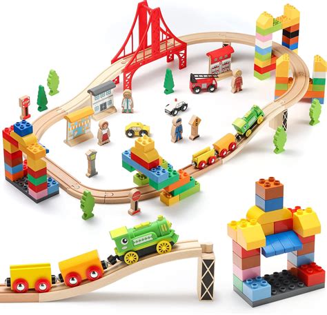Buy SainSmart Jr. Wooden Train Set with Motorized Train and Fun Blocks ...