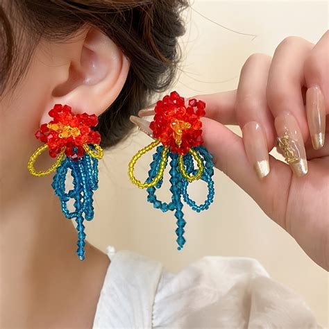 Exquisite Flower Design With Artificial Crystal Decor Dangle Earrings ...