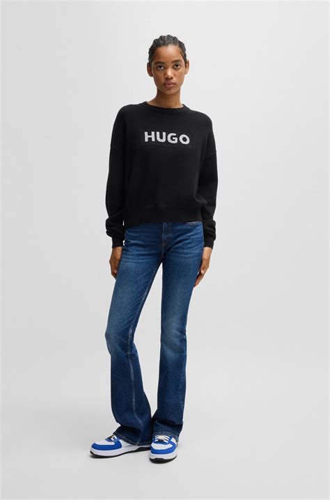 HUGO - Relaxed-fit sweater with crew neck and sparkle logo - Black