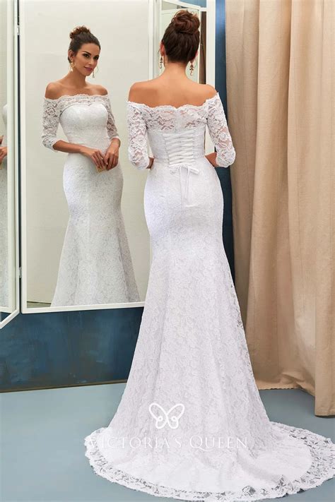 3/4 Sleeve Off-shoulder White Lace Mermaid Wedding Gown - VQ