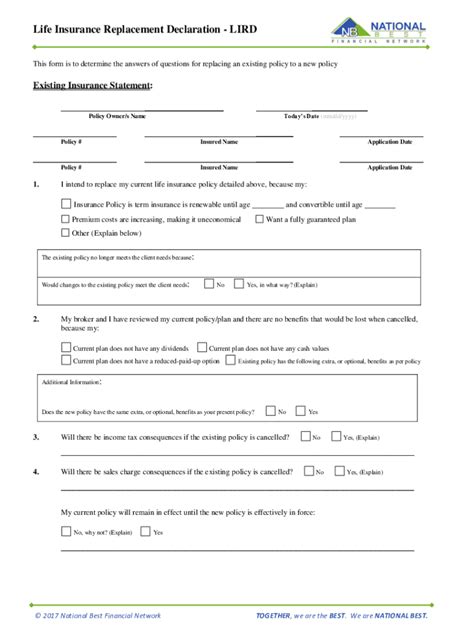 Life Insurance Replacement Declaration - LIRD - Blank Fillable Template ...